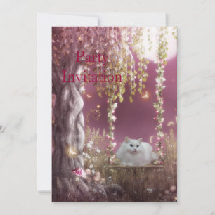 Einladung Weiße Katze auf der Schaukel im Baum