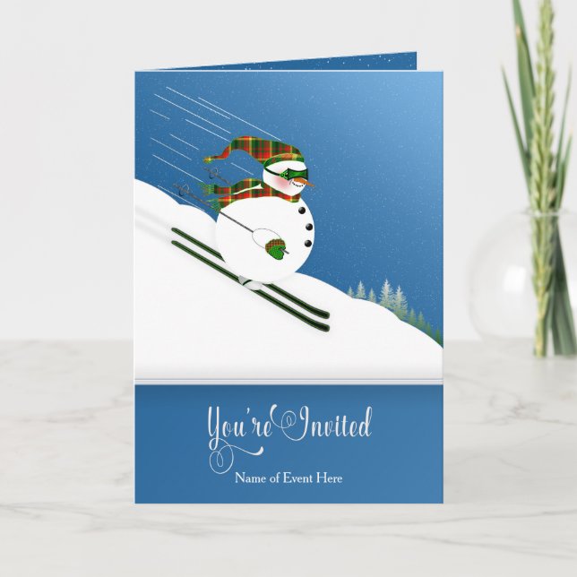Einladung, Winterveranstaltung, Happy Snowman Skii Karte (Vorderseite)