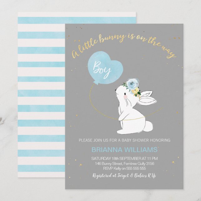 Einladung zu Boys Gray Blue Bunny Baby (Vorne/Hinten)