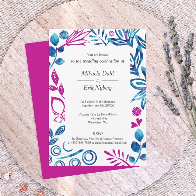 Einladung zu Crystal Blue und Deep Pink Hochzeit (royal blue and magenta pink wedding invitation with floral border frame)