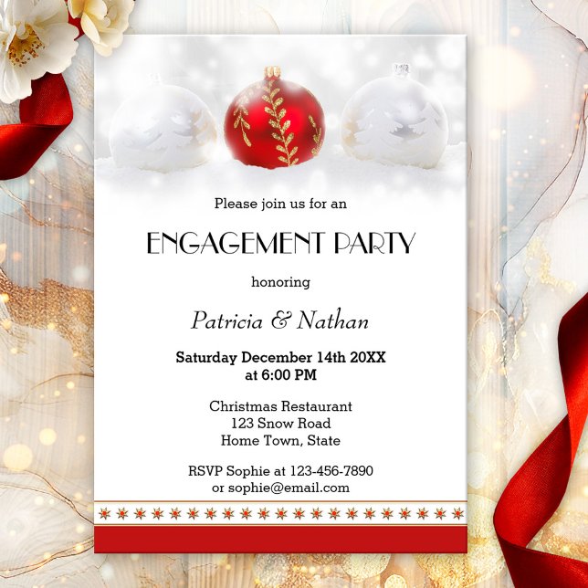 Einladung zu Dezember oder Weihnachts-Engagement (Festive engagement party invitation with Christmas baubles in the snow and star ornaments)