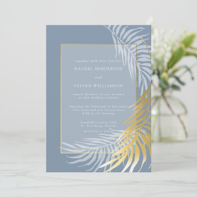 Einladung zu dusty Blue and White Tropical Wedding (Stehend Vorderseite)