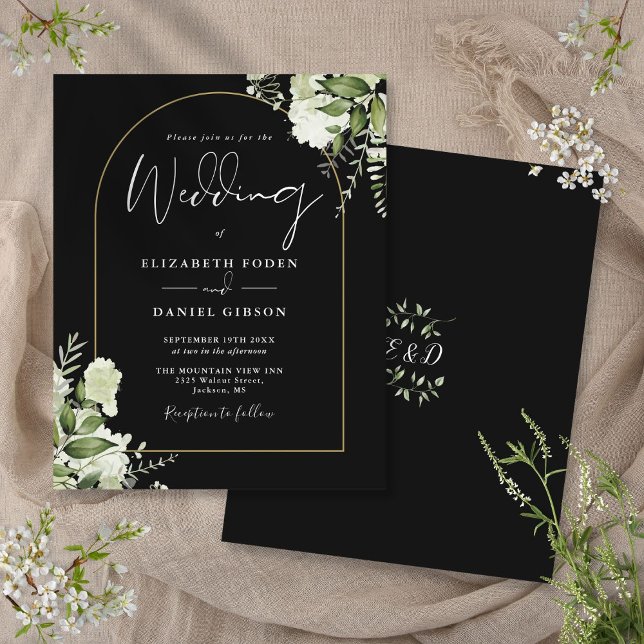 Einladung zu einer günstigen Blumen-Schwarz-Gold-A (Budget Floral Black And Gold Arch Wedding Invite)