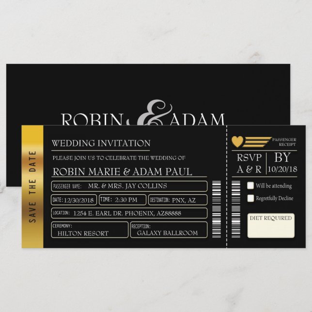Einladung zu einer Hochzeitsreise mit Gold und Bla (Vorne/Hinten)