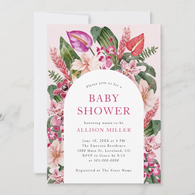 Einladung zu einer Pink Tropical Baby Dusche (Vorderseite)