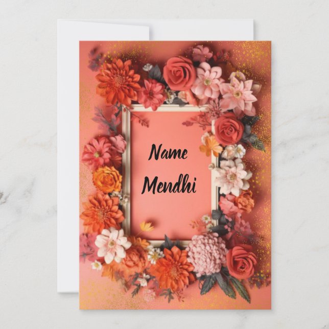 Einladung zu farbenfrohen orangefarbenen Mendhi (Vorderseite)