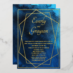 Einladung zu geometrischen Blauen und Gold-Hochzei