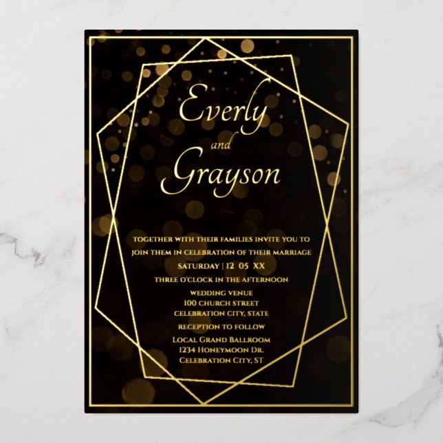 Einladung zu geometrischen Schwarz-Gold-Hochzeitsf (Vorderseite)