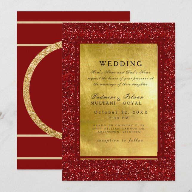Einladung zu Hochzeiten im indischen Rot- und Gold (Vorne/Hinten)