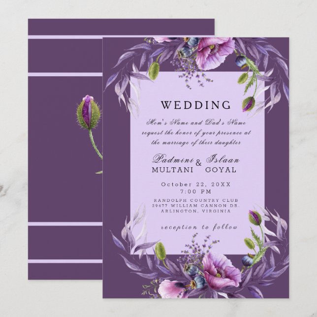 Einladung zu Hochzeiten im Lila indischen Blumenst (Vorne/Hinten)