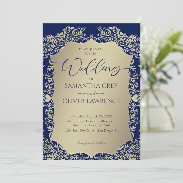 Einladung zu Hochzeiten in Blau und Gold (Stehend Vorderseite)