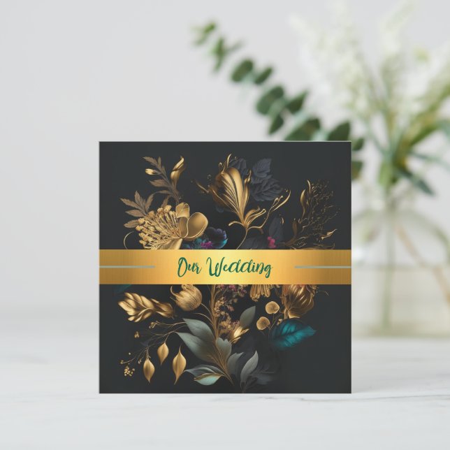 Einladung zu Hochzeiten in Gold und Blue Garden (Stehend Vorderseite)