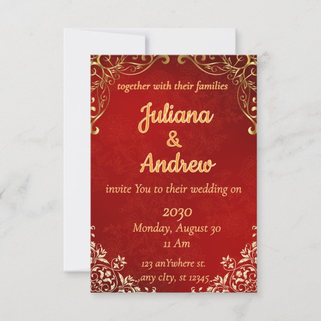 Einladung zu Luxuriösen Hochzeiten in Rot und Gold (Vorderseite)