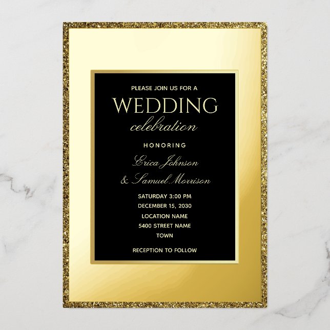 Einladung zu Minimalistischen Schwarz-Gold-Hochzei (Vorderseite)
