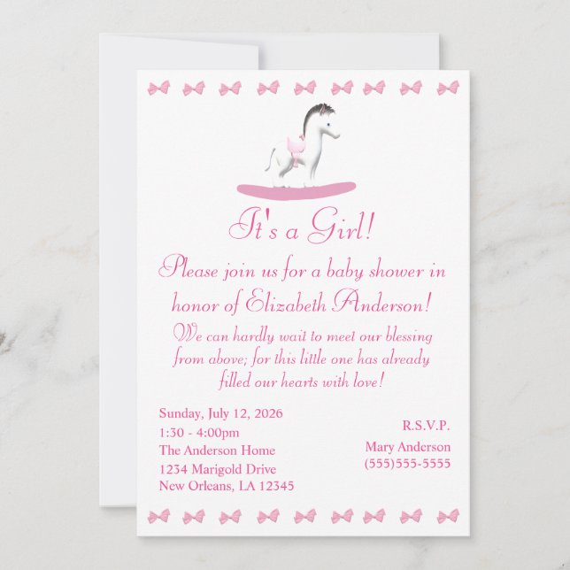 Einladung zu Rosa und Weiß Rocking Horse (Vorderseite)