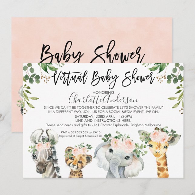 Einladung zu Safari Animals Virtual Baby Shower (Vorne/Hinten)