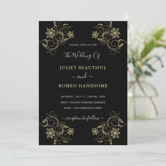 Einladung zu Schwarz-Gold-Hochzeiten mit Blume (Stehend Vorderseite)