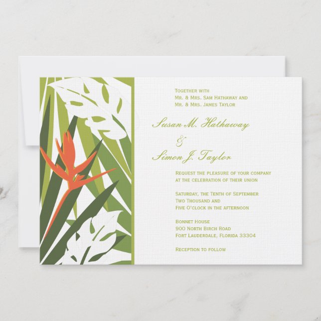 Einladung zu tropischen Hochzeiten - grün und oran (Vorderseite)