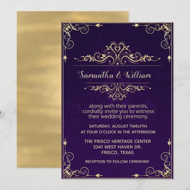 Einladung zu verzierten Lila- und Goldhochzeiten (Vorne/Hinten)