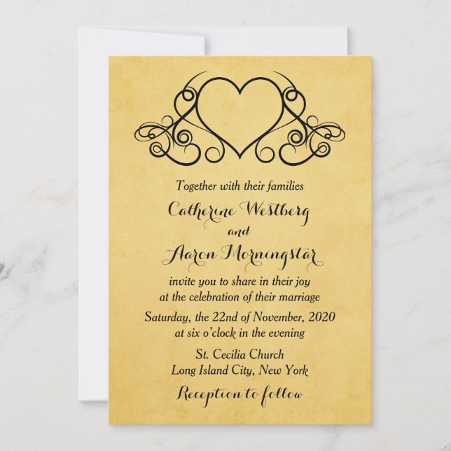 Einladung zu Vintagen Hochzeiten in Gold und Schwa (Vorderseite)
