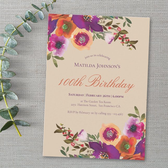 Einladung zum 100. Geburtstag der Aquarellblume (Watercolor Floral Fall 100th Birthday Invitation)