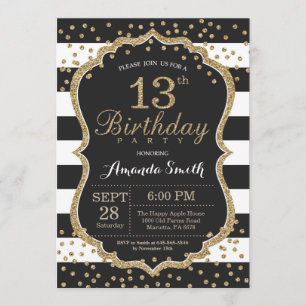 Einladung zum 13. Geburtstag. Schwarz-Gold-Glitzer