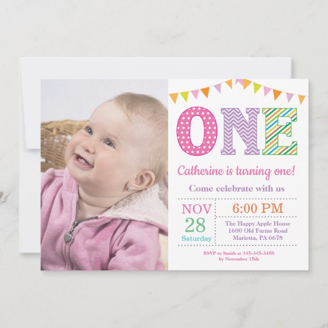 Einladung zum 1. Geburtstag. Girl First Birthday F (Vorderseite)