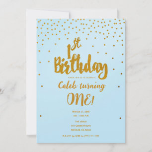 Einladung zum 1. Geburtstag in Hellblau und Gold m