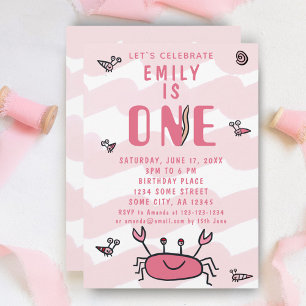 Einladung zum 1. Geburtstag Mädchen Pink Crab Meer