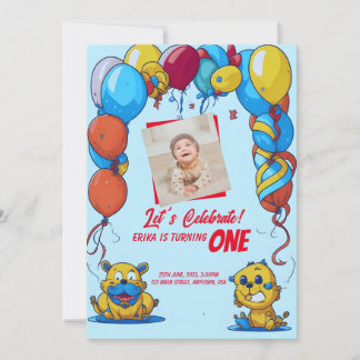 Einladung zum 1. Geburtstag mit Cartoon & Ballons