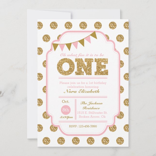 Einladung zum 1. Geburtstag - Pink- und Goldpolka- (Vorderseite)