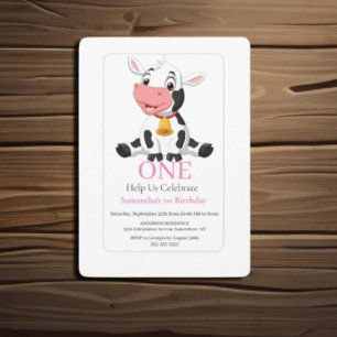 Einladung zum 1. Geburtstag Pink White Baby Cow