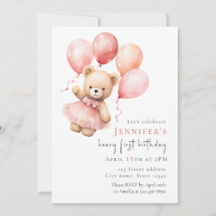 Einladung zum 1. Geburtstag - Teddybär-Mädchen