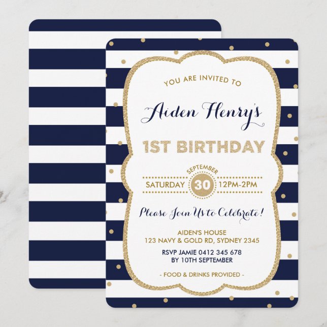 Einladung zum 1. Geburtstag von Navy & Gold Royal  (Vorne/Hinten)