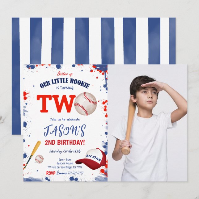 Einladung zum 2. Geburtstag Baseball Foto (Vorne/Hinten)