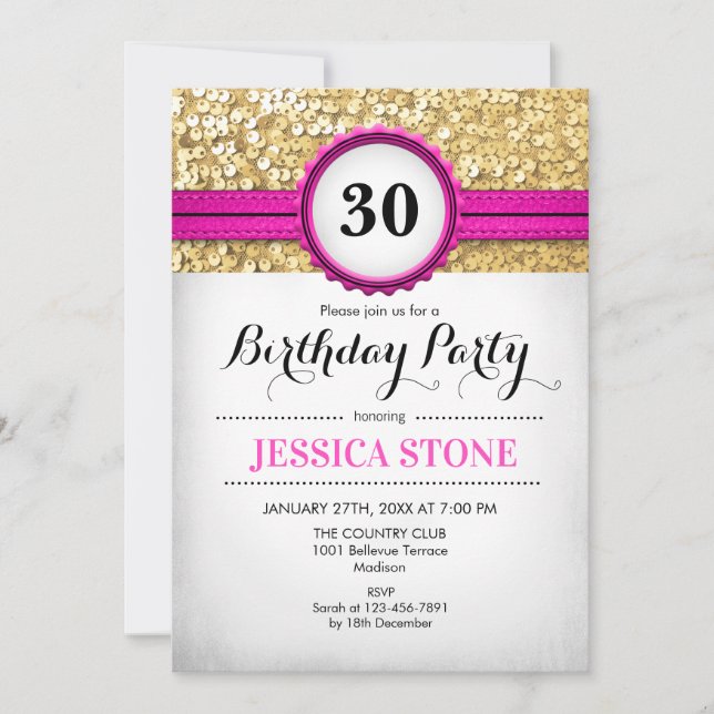 Einladung zum 30. Geburtstag - Hot Pink White Gold (Vorderseite)