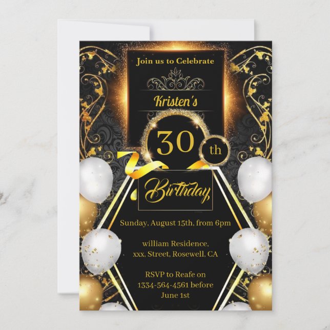 Einladung zum 30. Geburtstag in Gold und Schwarz (Vorderseite)