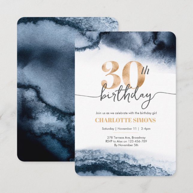 Einladung zum 30. Geburtstag Navy Aquarell und Gol (Vorne/Hinten)