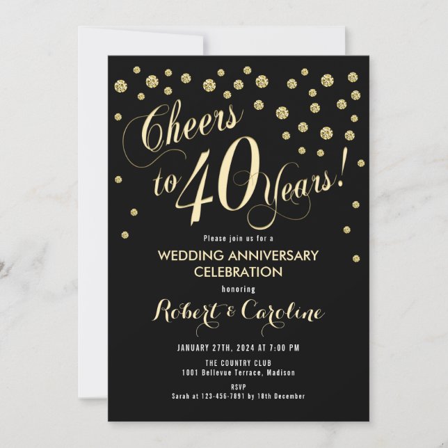 Einladung zum 40. Hochzeitstag - Black & Gold (Vorderseite)