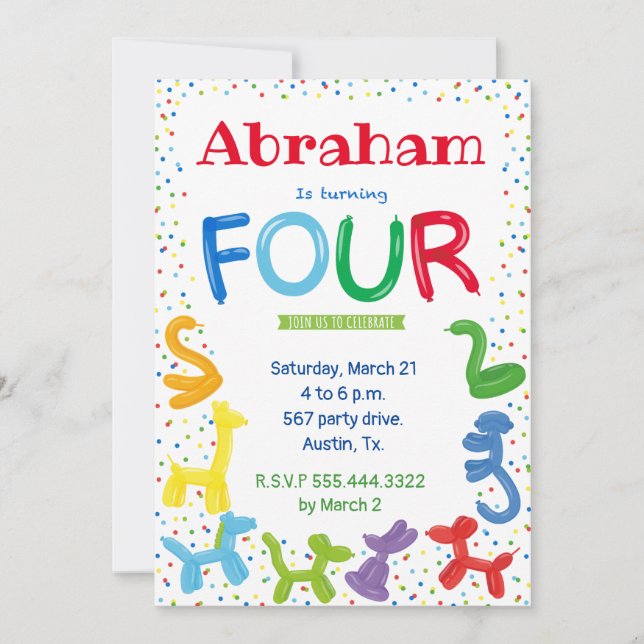 Einladung zum 4. Geburtstag von Tierballons (Vorderseite)