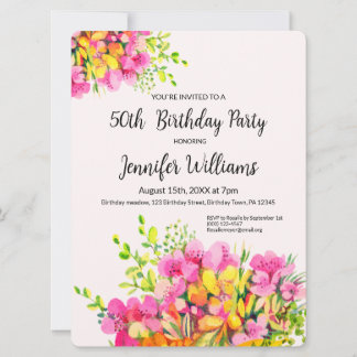 Einladung zum 50. Geburtstag, Blume in Rosa und Or