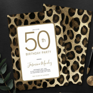 Einladung zum 50. Geburtstag Leopardendruck Gold