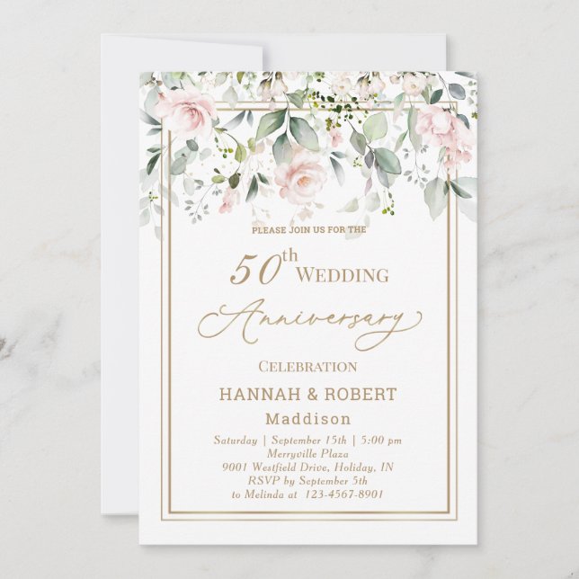 Einladung zum 50. Hochzeitstag Weißrosa Rosen zum  (Vorderseite)