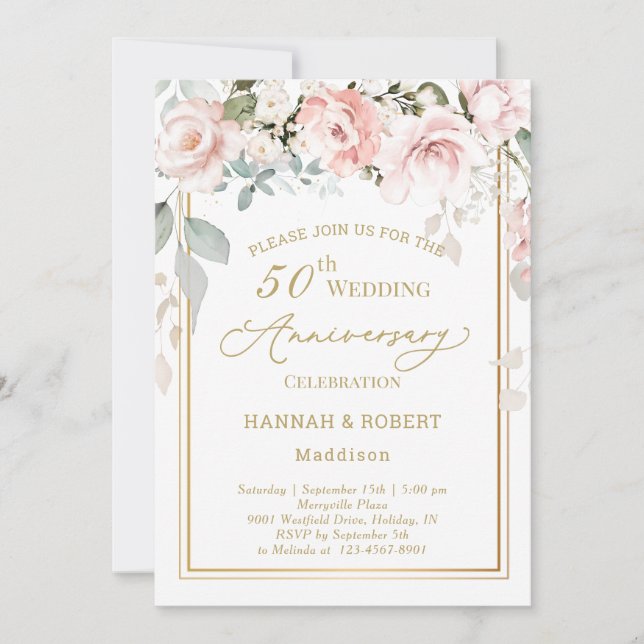Einladung zum 50. Hochzeitstag Weißrosa Rosen zum  (Vorderseite)