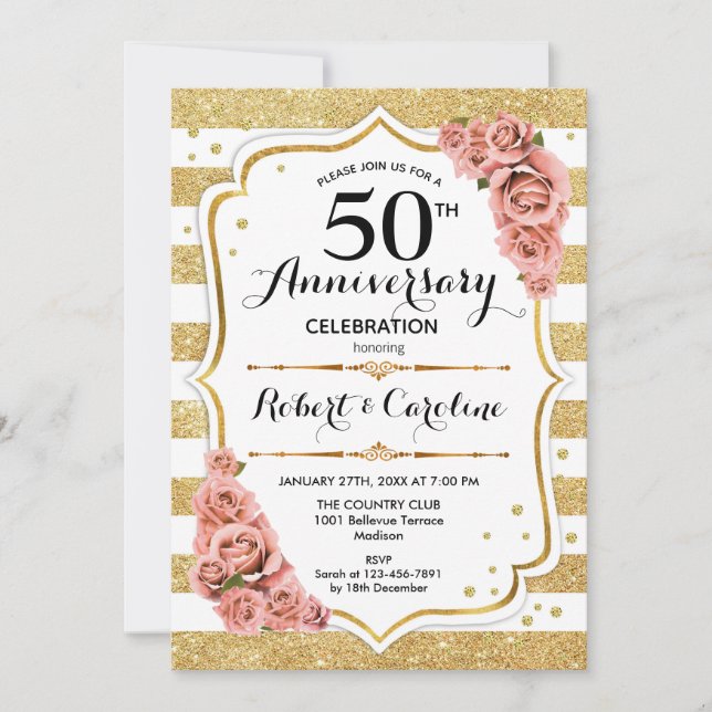 Einladung zum 50-jährigen Jubiläum - Rosen in Gold (Vorderseite)