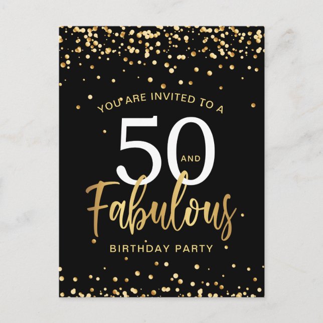 Einladung zum 50. und fabelhaften Black & Gold Geb Postkarte (Vorderseite)