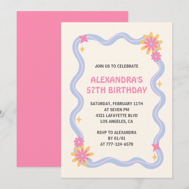 Einladung zum 57. Geburtstag Retro Groovy Pink Blu (Vorne/Hinten)