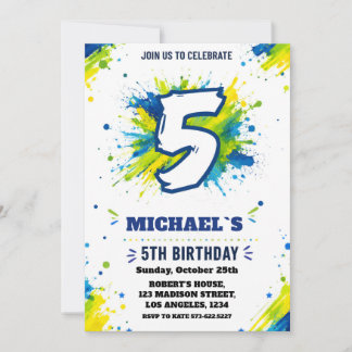 Einladung zum 5. Geburtstag mit Splash Paint für J