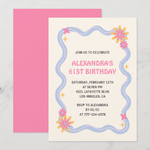 Einladung zum 61. Geburtstag Retro Groovy Pink Flo