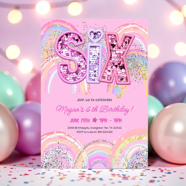 Einladung zum 6. Geburtstag Regenbogen (Rainbow Pastel Sequin 6th Birthday Pink Invitation)